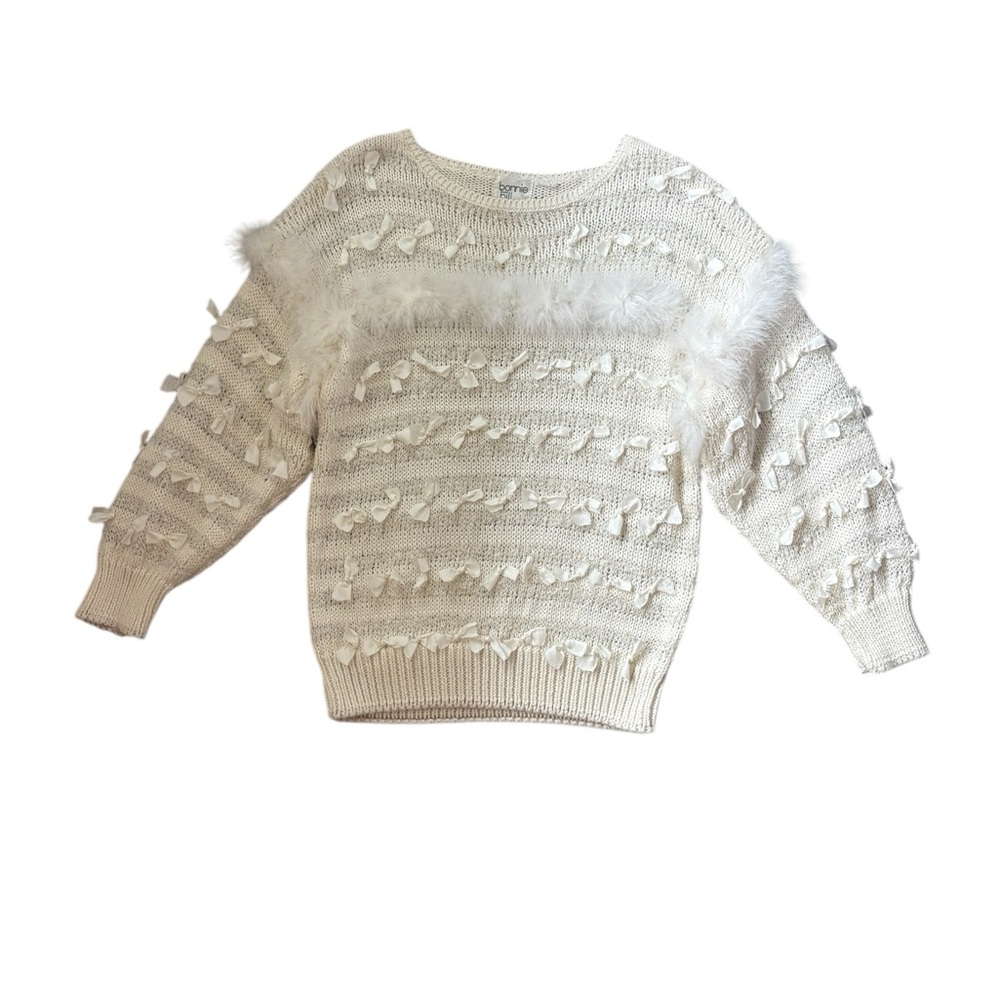 Bonnie and Bill Made in Korea 80s Vintage Bows/Fur Crewneck Knit Sweater White